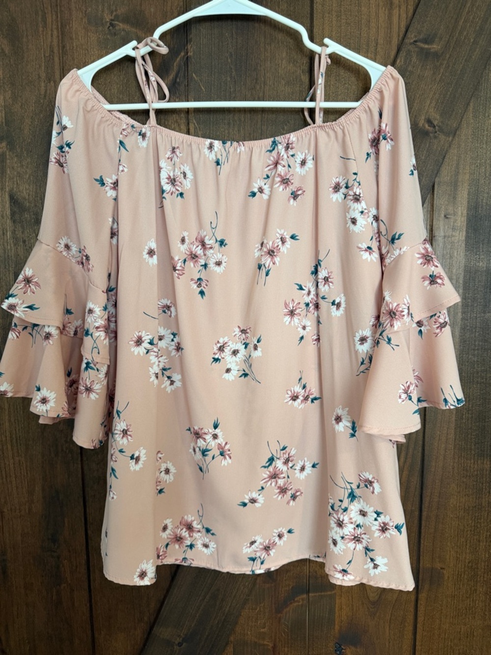 Women's Dusty Rose Floral Off-Shoulder Blouse with Ruffle Sleeves